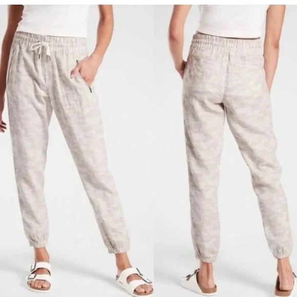 Athleta Cabo Tide Linen Jogger Sz 18 Neutral Camo Beige Mid Rise Zip Pocket NWT - Picture 1 of 13